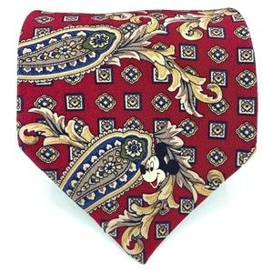 MICKEY INC. Dark Red Geometric Paisley Mickey Mouse Silk Necktie Made In Mexico
